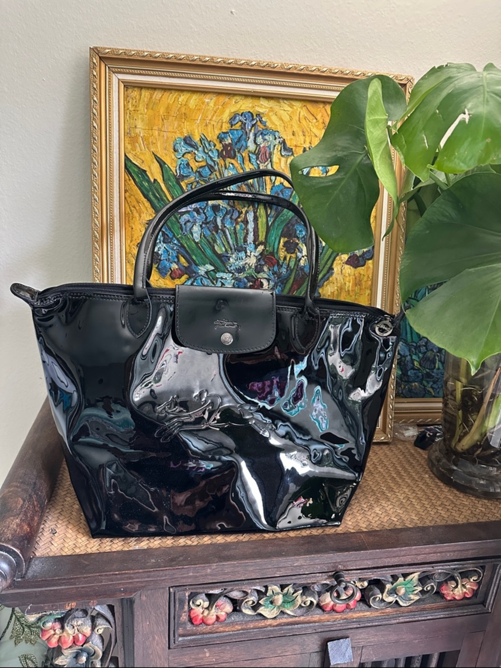 Longchamp Le Pliage Black Patent shoulder  Tote with Top Handles